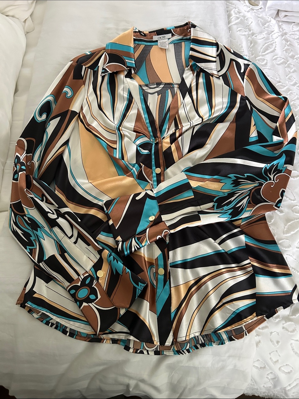 Cache Satin Button-Down Blouse in Teal, Brown & Cream